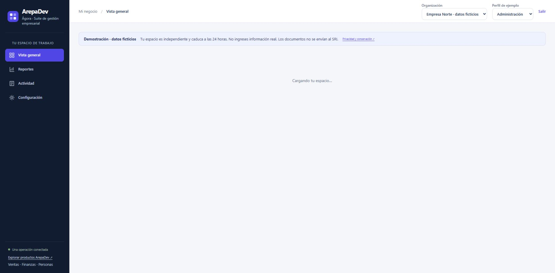 Ágora ERP: captura de la aplicación con datos de demostración