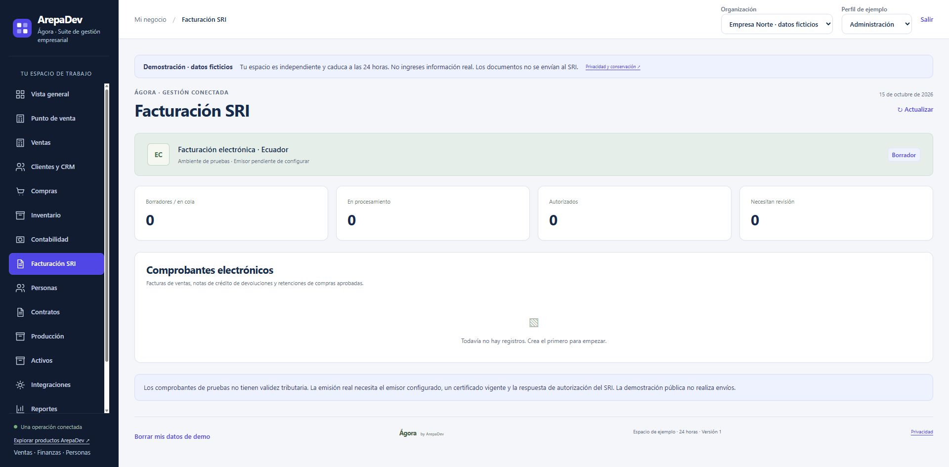 Ágora Factura: captura de la aplicación con datos de demostración