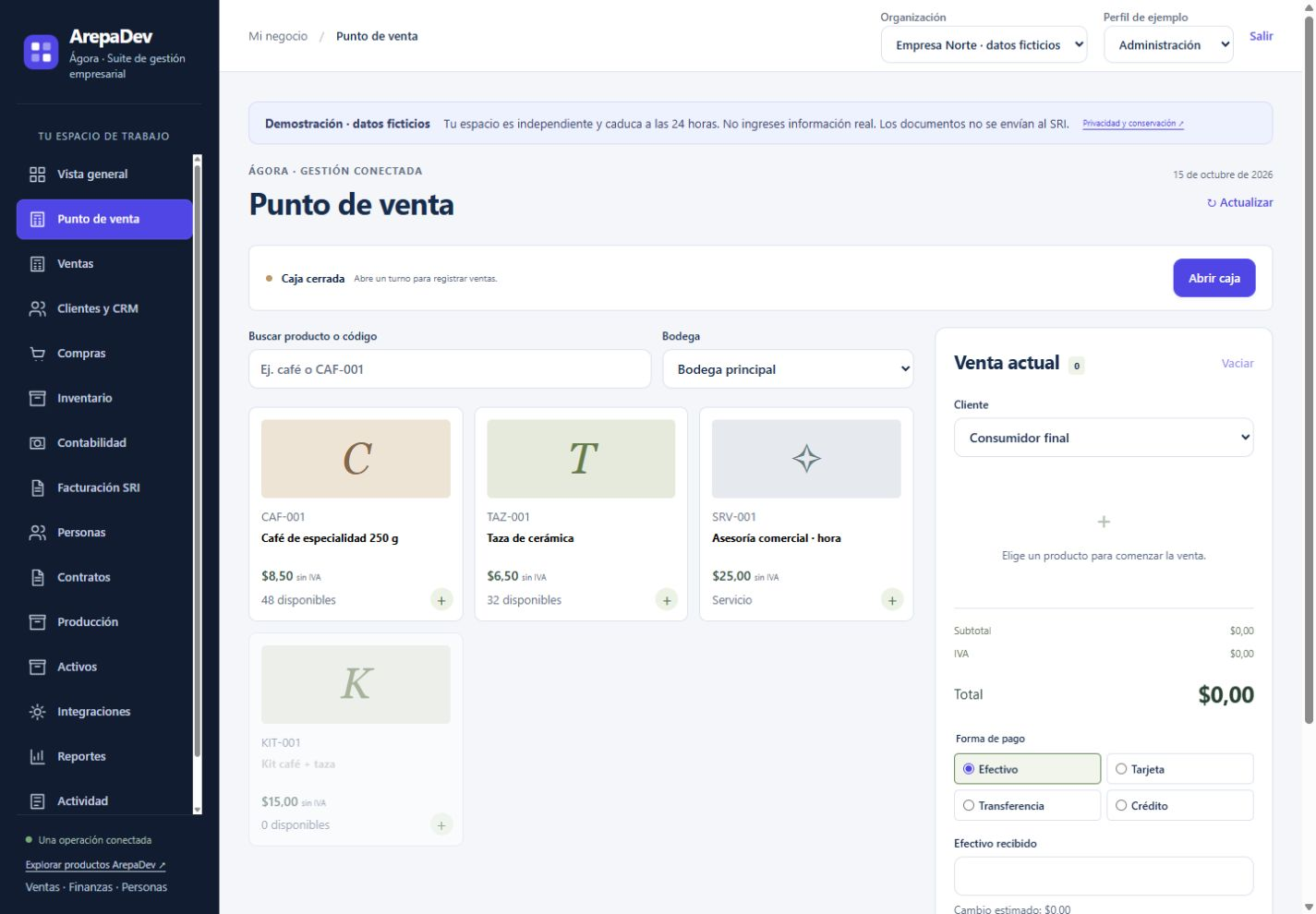 Ágora POS: captura de la aplicación con datos de demostración