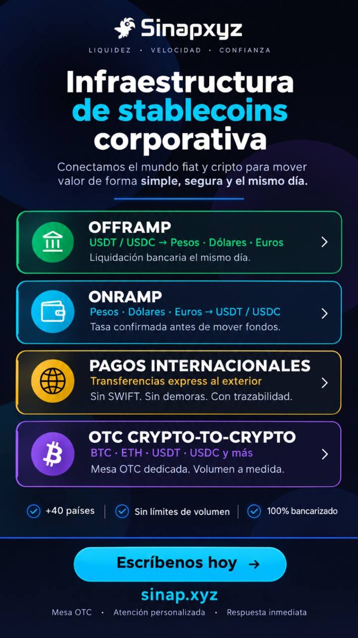 Presentación de Sinapxyz: infraestructura de stablecoins corporativa, onramp, offramp, pagos internacionales y mesa OTC.